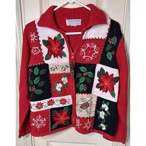 VTG Tiara International Womens Lg Christmas Floral Full Zip Red Sweater